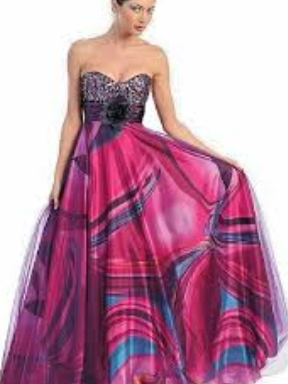 Dancing Queen Size XS Strapless Fuchsia Pink Evening Gown with Printed Skirt